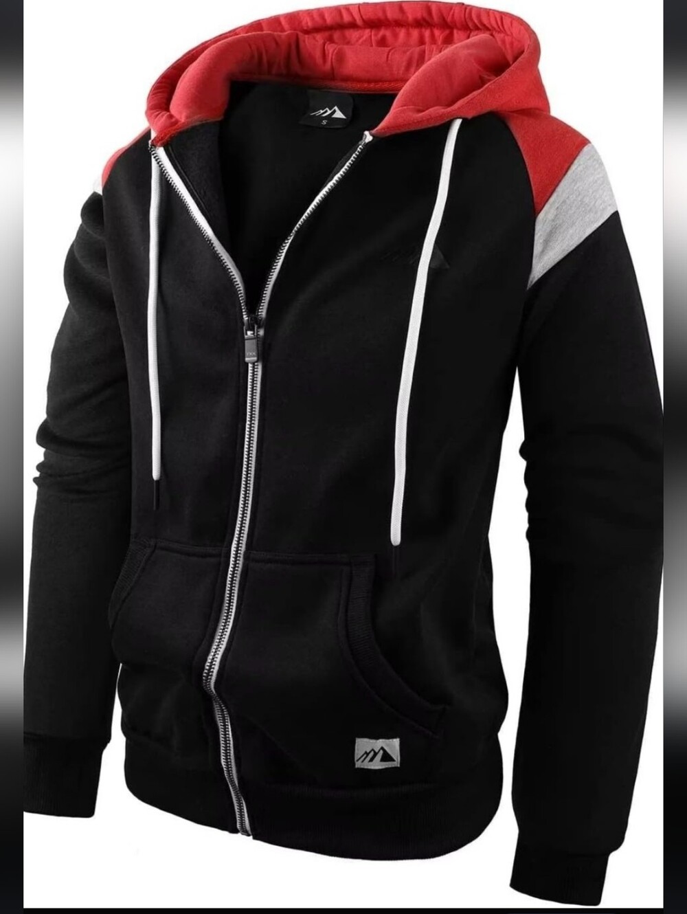 Men's Black Zip Hoodie with Red Hood and Gray Shoulder Panels